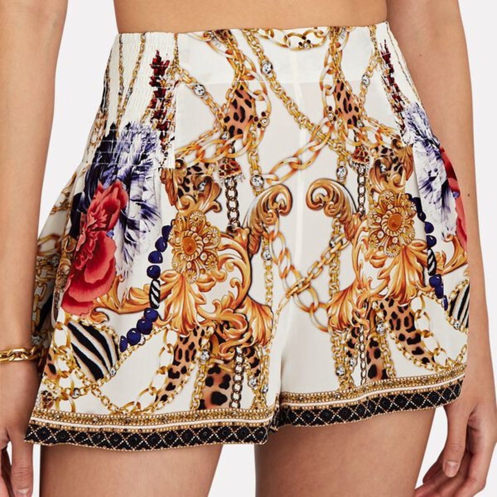 CAMILLA Reign Supreme Crystal-Embellished Silk Shorts Size Small 100% Silk